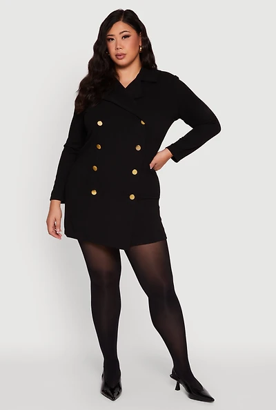 Womens Plus Size Double Breasted Blazer Dress, Black, Size 1X