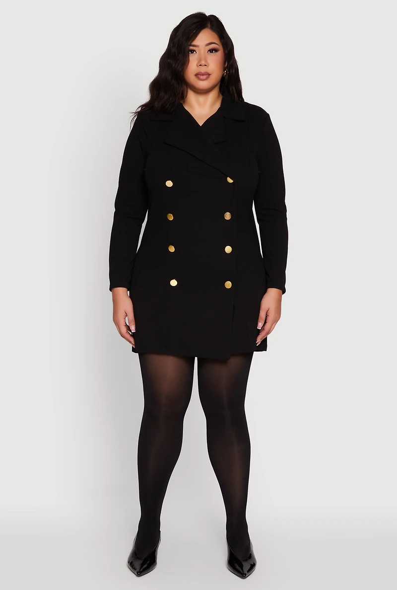Womens Plus Double Breasted Blazer Dress, Black,