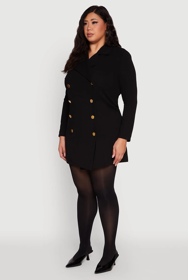 Womens Plus Double Breasted Blazer Dress, Black,
