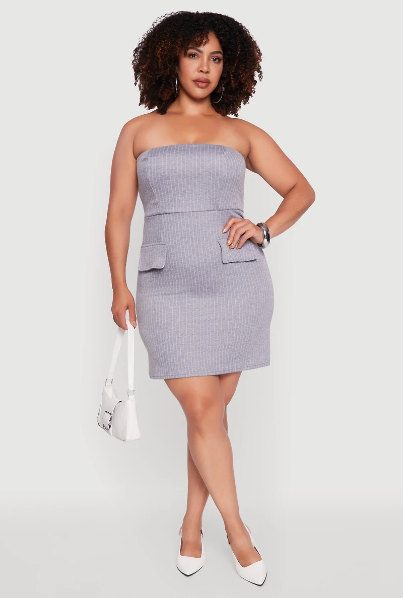 Womens Plus Size Pinstripe Pocket Detail Strapless Mini Dress, Grey, Size 2X