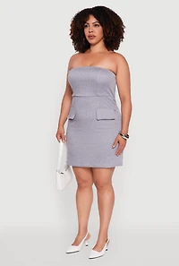 Plus Pinstripe Pocket Detail Strapless Mini Dress