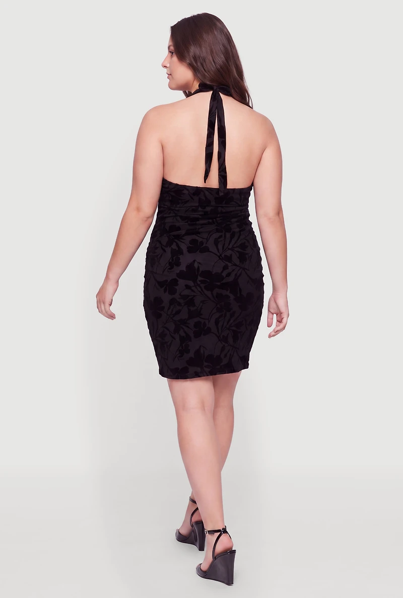 Plus Floral Velvet Burnout Mesh Halter Dress