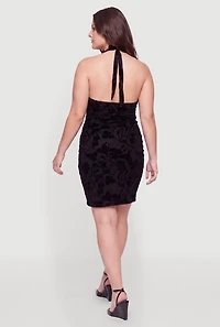 Plus Floral Velvet Burnout Mesh Halter Dress