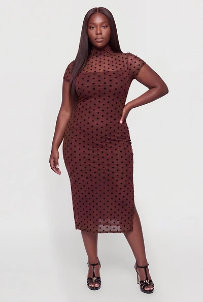 Plus Polka Dot Velvet Burnout Mesh Midi Dress