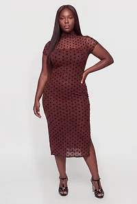 Plus Polka Dot Velvet Burnout Mesh Midi Dress