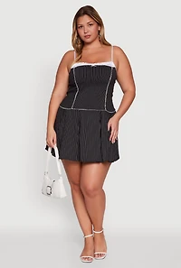 Womens Plus Pin Stripe Lace Detail Mini Skater Dress, Black,