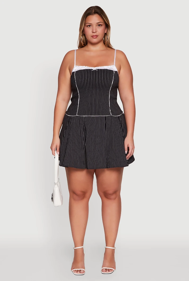 Womens Plus Pin Stripe Lace Detail Mini Skater Dress, Black,