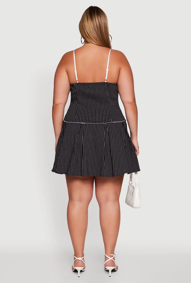 Womens Plus Pin Stripe Lace Detail Mini Skater Dress, Black,