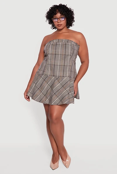 Womens Plus Plaid Strapless Skater Dress, Brown,