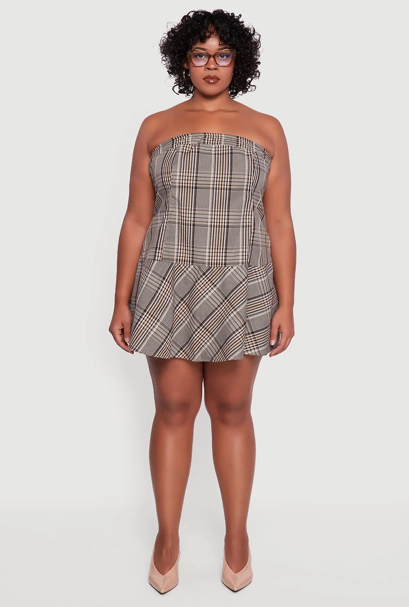 Womens Plus Size Plaid Strapless Skater Dress, Brown, Size 1X