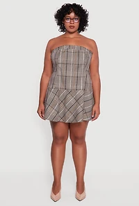 Womens Plus Size Plaid Strapless Skater Dress, Brown, Size 1X