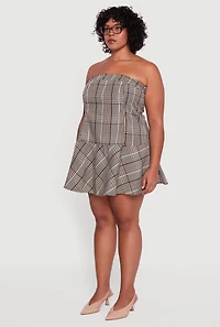 Womens Plus Size Plaid Strapless Skater Dress, Brown, Size 1X