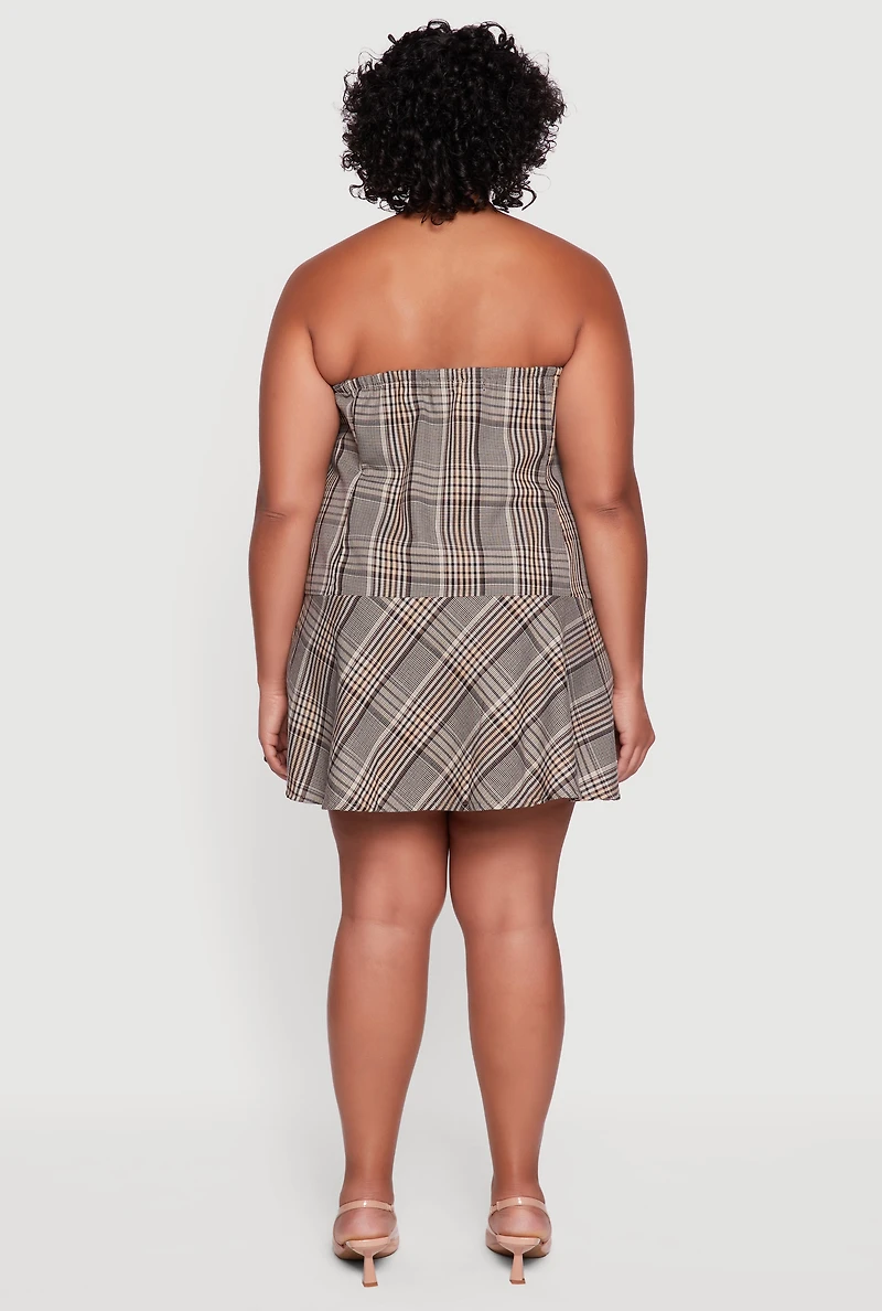 Womens Plus Size Plaid Strapless Skater Dress, Brown, Size 1X