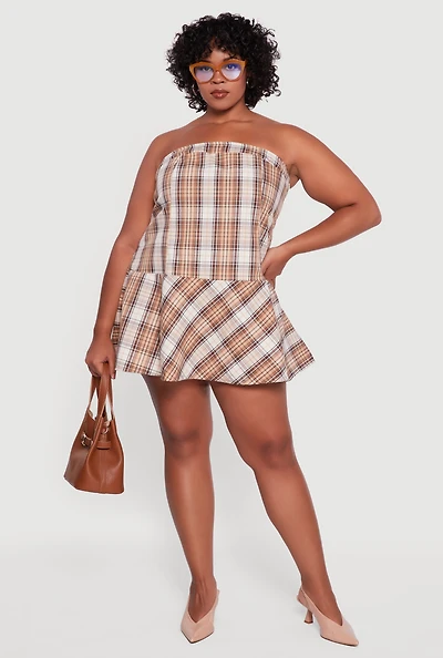 Womens Plus Size Plaid Strapless Skater Dress, Brown, Size 3X