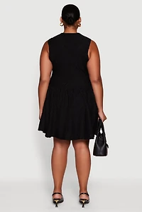 Womens Plus Size Textured Knit High Neck Sleeveless Skater Dress, Black, Size 1X
