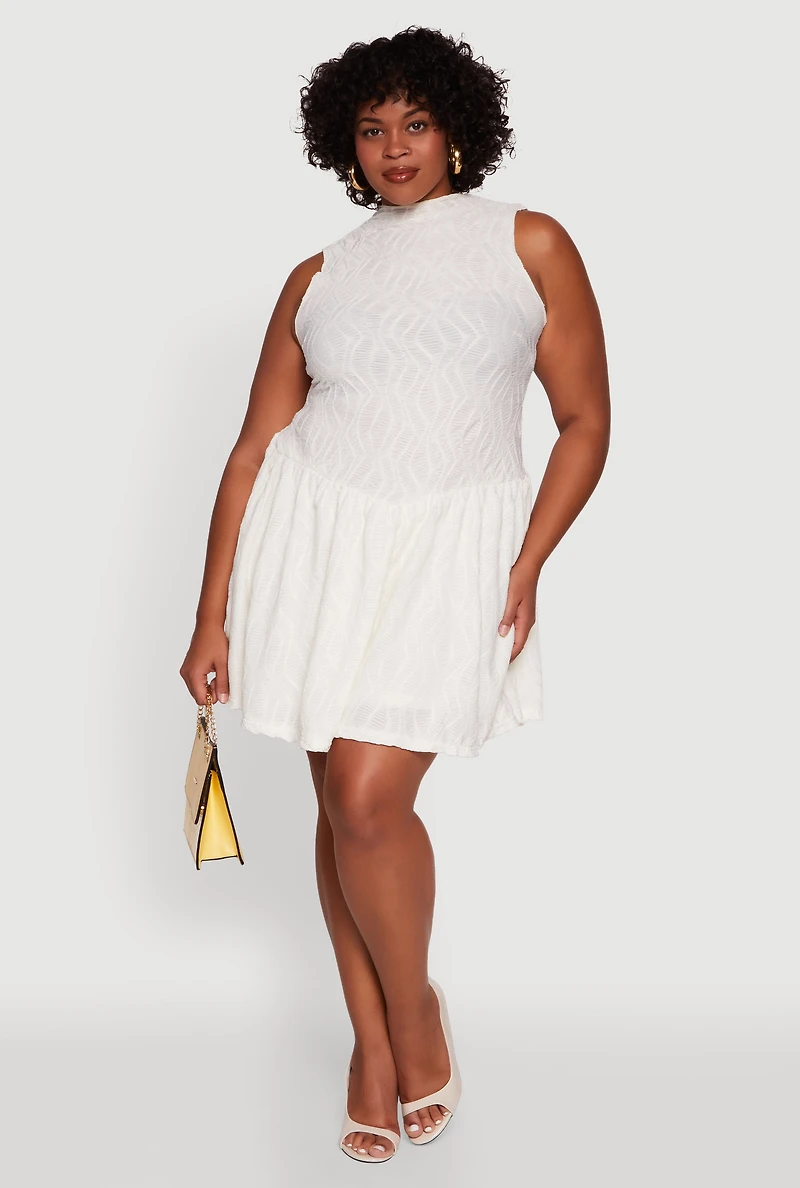 Womens Plus Textured Knit High Neck Sleeveless Skater Dress, White,