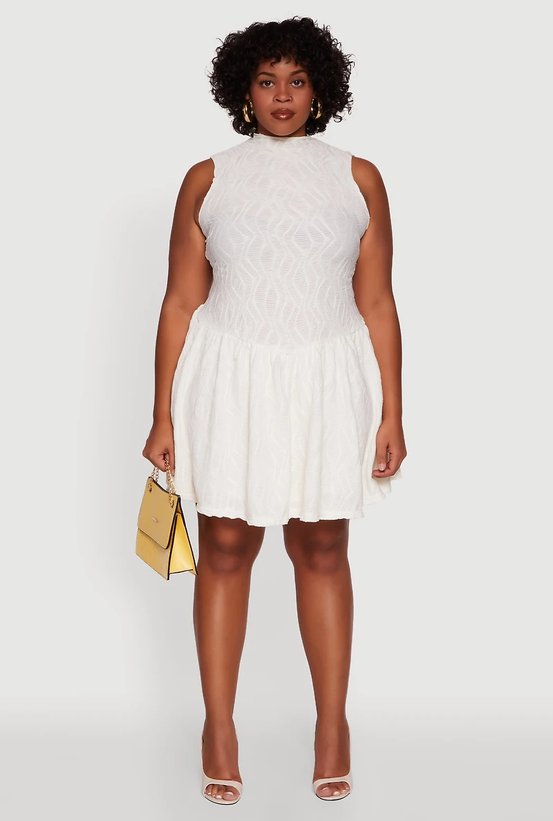 Womens Plus Textured Knit High Neck Sleeveless Skater Dress, White,