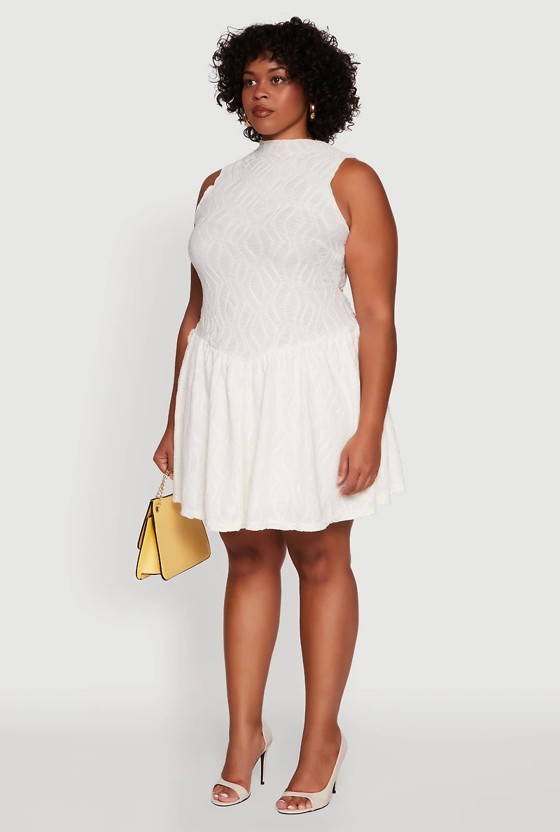 Womens Plus Textured Knit High Neck Sleeveless Skater Dress, White,