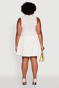 Womens Plus Textured Knit High Neck Sleeveless Skater Dress, White,