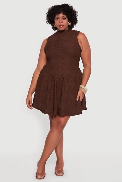 Womens Plus Textured Knit High Neck Sleeveless Skater Dress, Brown,