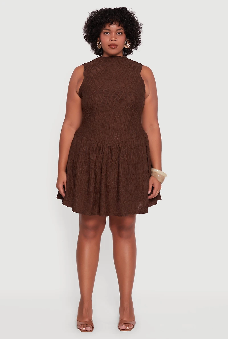 Womens Plus Textured Knit High Neck Sleeveless Skater Dress, Brown,