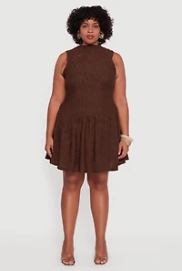 Womens Plus Textured Knit High Neck Sleeveless Skater Dress, Brown,