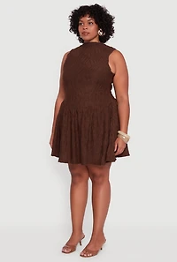 Womens Plus Textured Knit High Neck Sleeveless Skater Dress, Brown,