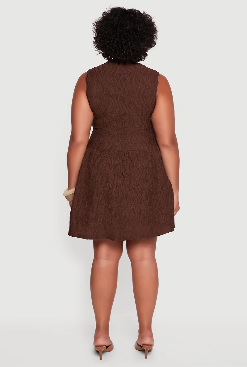 Womens Plus Textured Knit High Neck Sleeveless Skater Dress, Brown,
