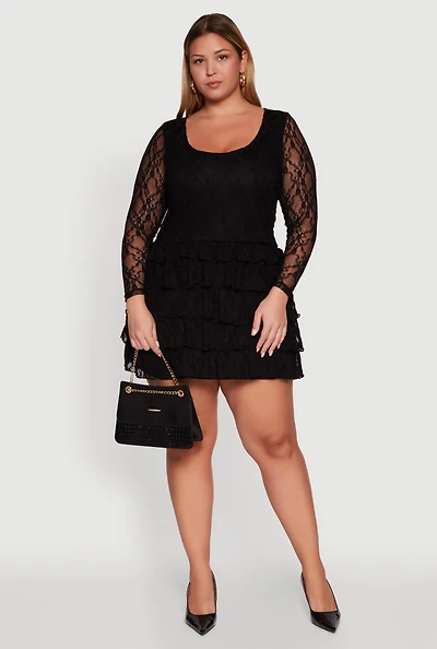Womens Plus Size Floral Lace Ruffle Tiered Keyhole Back Mini Dress, Black, Size 3X