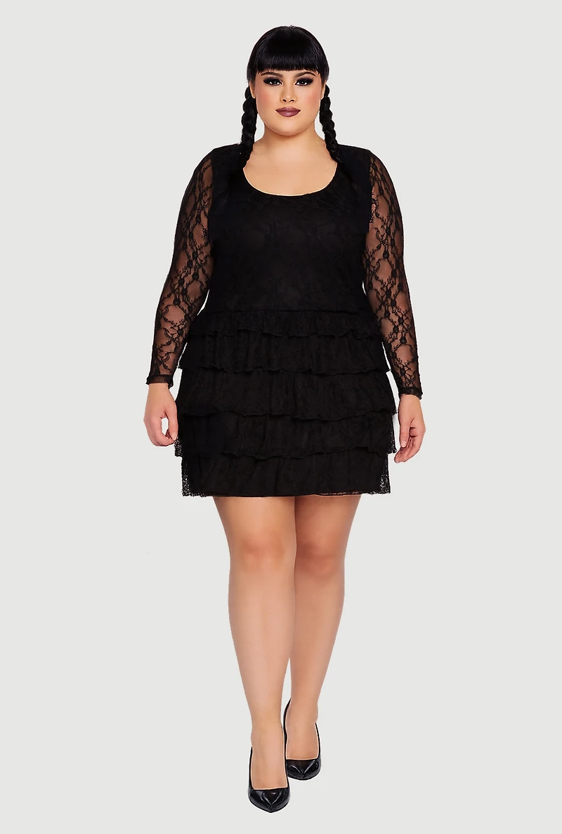 Womens Plus Floral Lace Ruffle Tiered Keyhole Back Mini Dress, Black,