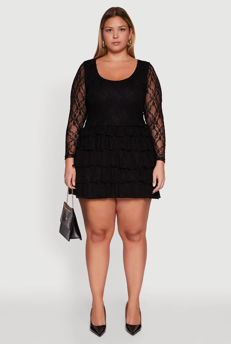 Womens Plus Size Floral Lace Ruffle Tiered Keyhole Back Mini Dress, Black, Size 1X