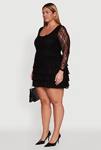 Womens Plus Size Floral Lace Ruffle Tiered Keyhole Back Mini Dress, Black, Size 2X