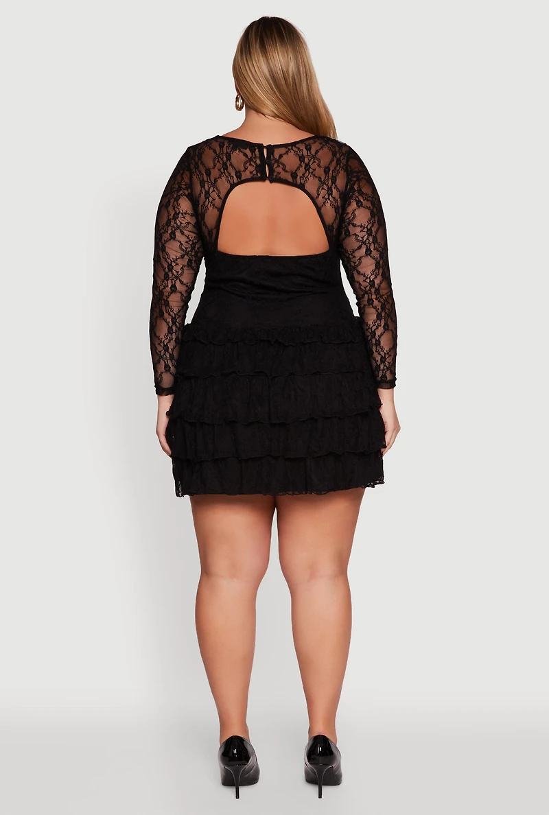 Womens Plus Size Floral Lace Ruffle Tiered Keyhole Back Mini Dress, Black, Size 2X