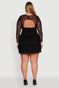 Womens Plus Size Floral Lace Ruffle Tiered Keyhole Back Mini Dress, Black, Size 1X