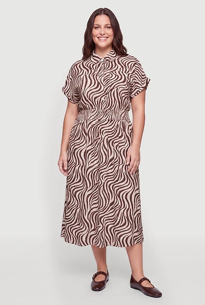Plus Zebra Print Smocked Waist Midi Dress