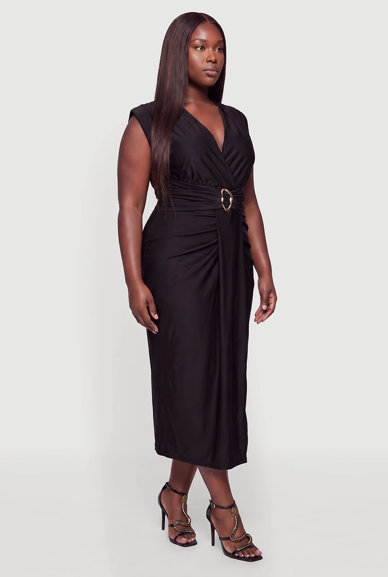 Plus Plunge Neck Belted Front Maxi Dress
