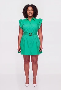 Plus Tiered Sleeve Belted Shirt Dress