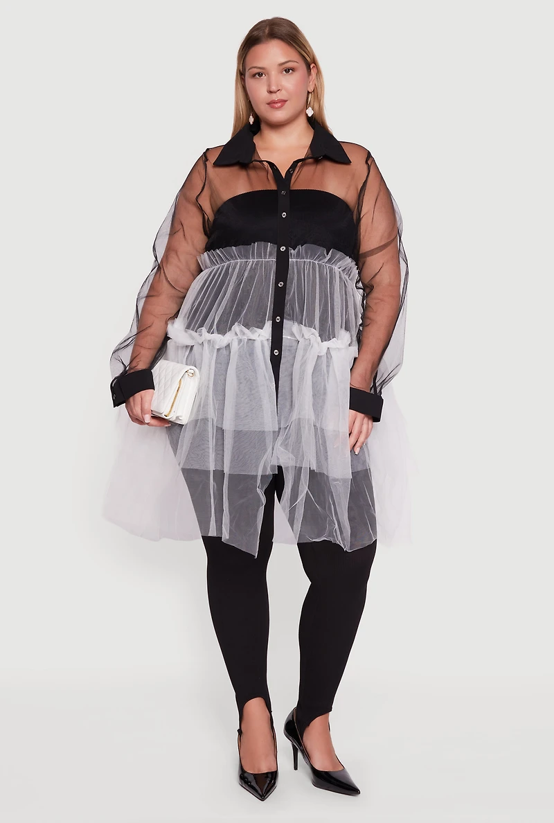 Womens Plus Color Block Ruffle Tulle Tiered Shirt, Multi,