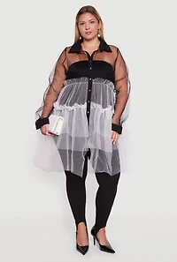 Womens Plus Color Block Ruffle Tulle Tiered Shirt, Multi,