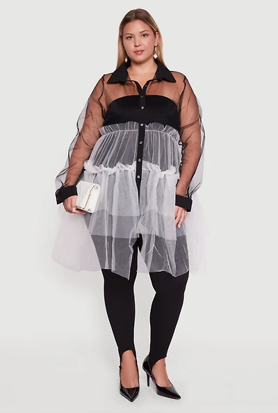 Womens Plus Size Color Block Ruffle Tulle Tiered Shirt, Multi, Size 1X