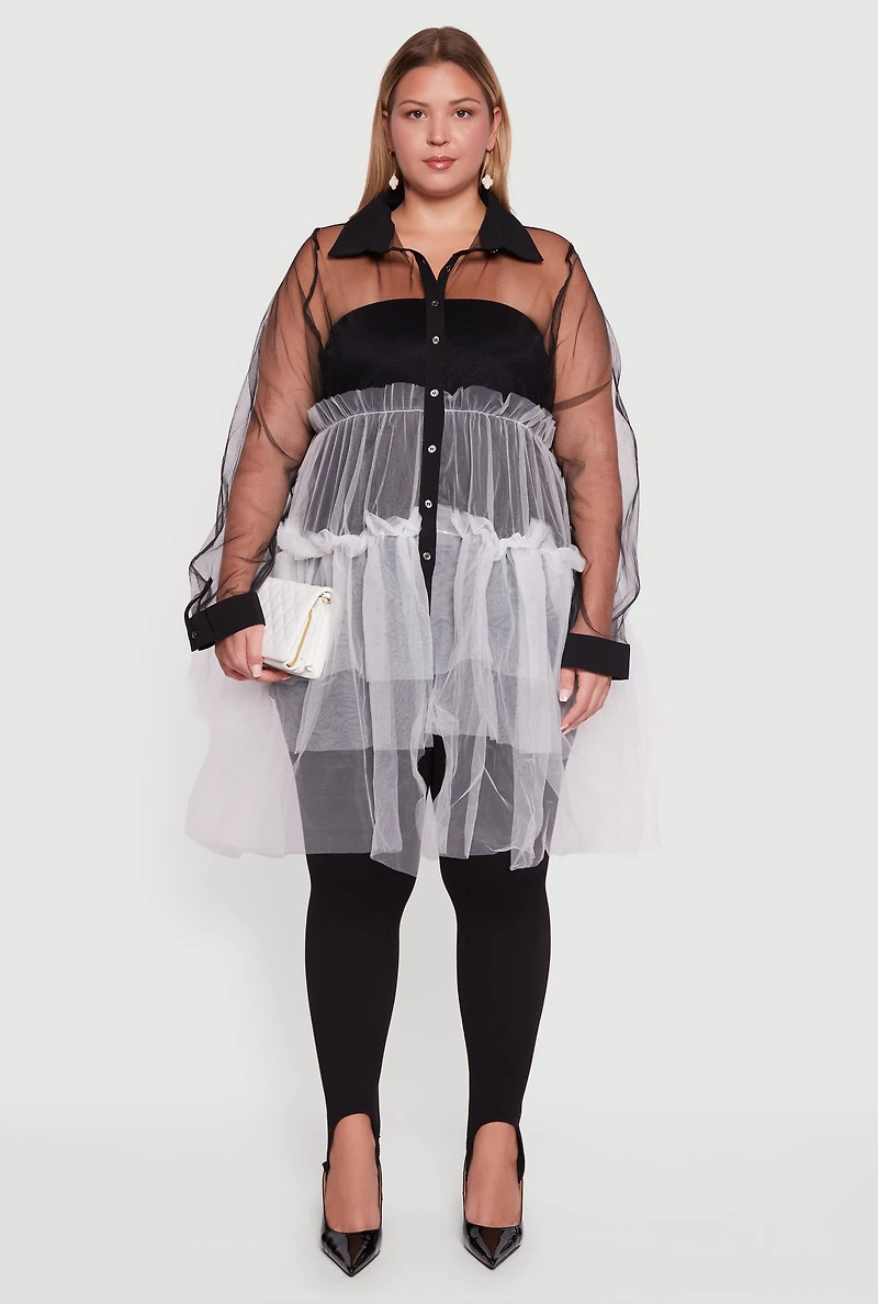 Plus Color Block Ruffle Tulle Tiered Shirt