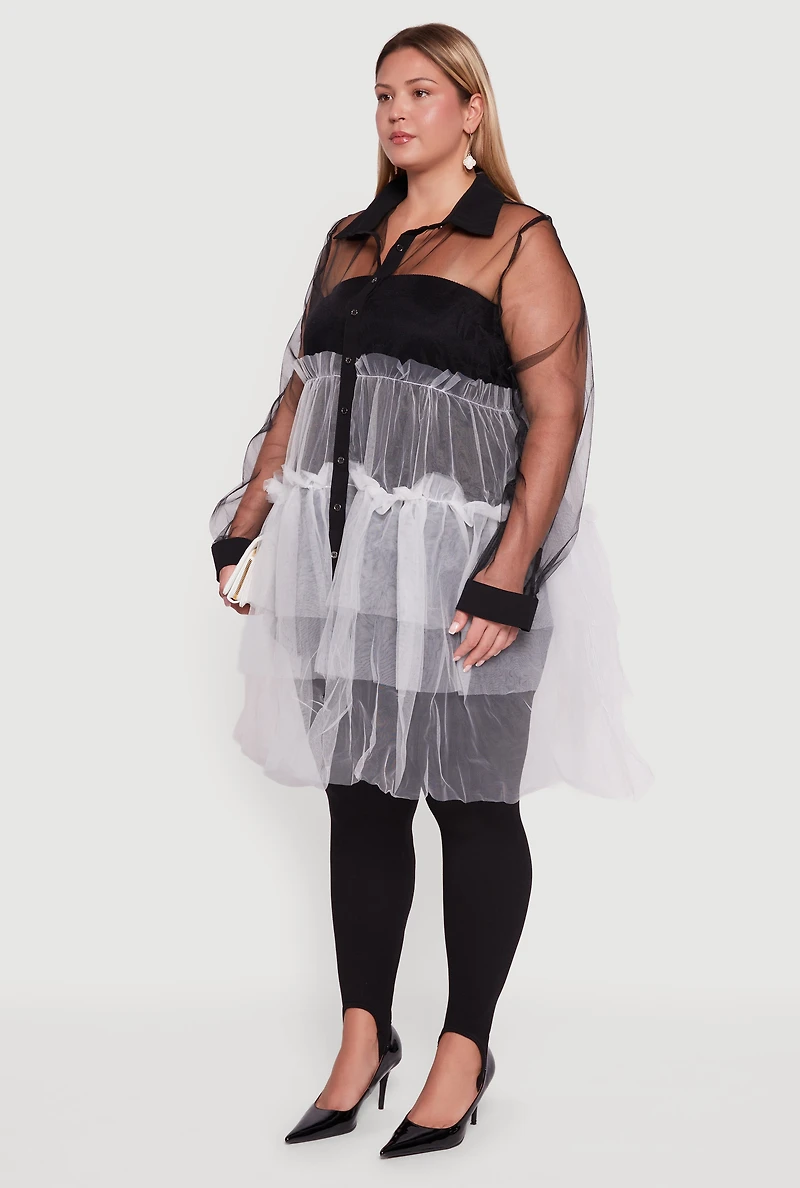 Womens Plus Color Block Ruffle Tulle Tiered Shirt, Multi,