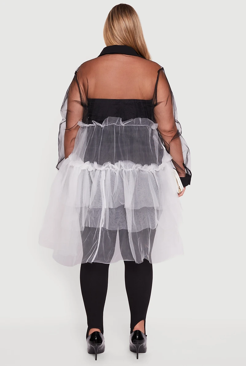 Womens Plus Color Block Ruffle Tulle Tiered Shirt, Multi,