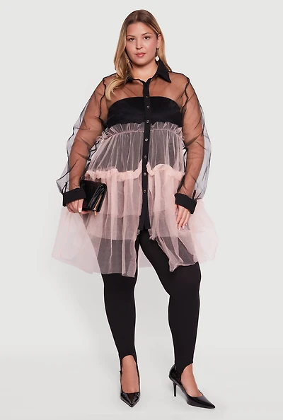 Womens Plus Color Block Ruffle Tulle Tiered Shirt, Multi,