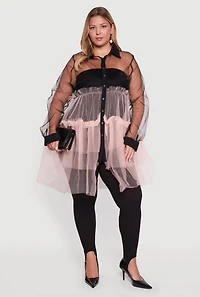 Womens Plus Color Block Ruffle Tulle Tiered Shirt, Multi,