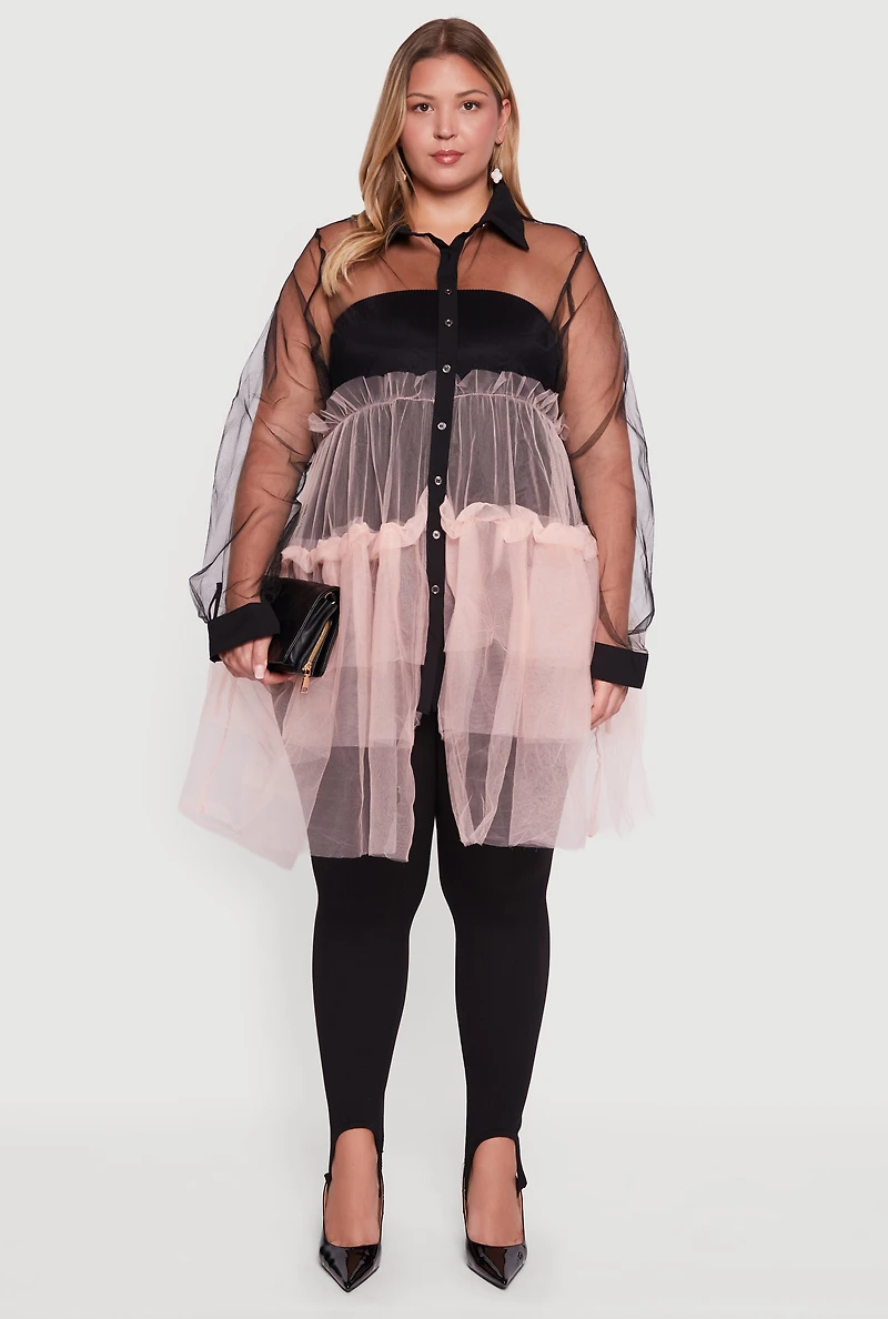 Womens Plus Color Block Ruffle Tulle Tiered Shirt, Multi,