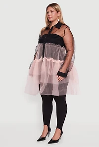 Womens Plus Color Block Ruffle Tulle Tiered Shirt, Multi,