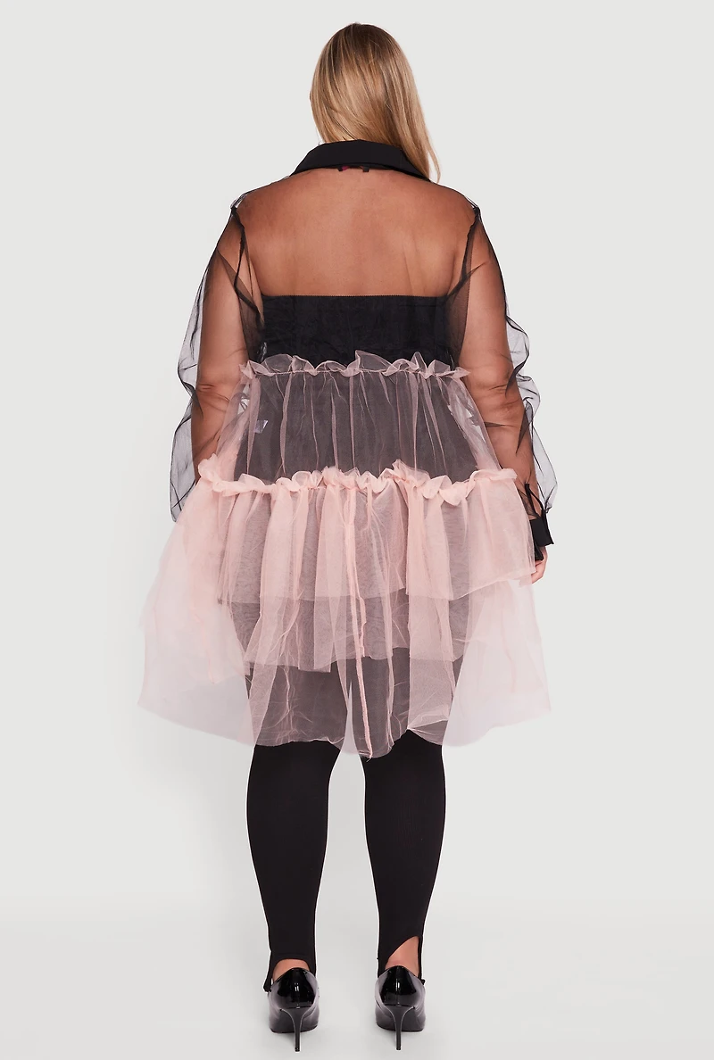 Womens Plus Color Block Ruffle Tulle Tiered Shirt, Multi,