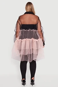 Womens Plus Color Block Ruffle Tulle Tiered Shirt, Multi,