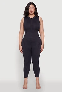 Womens Seamless Ribbed Knit Sleeveless Jumpsuit with Zip Neck, Black, Size 1X-2X